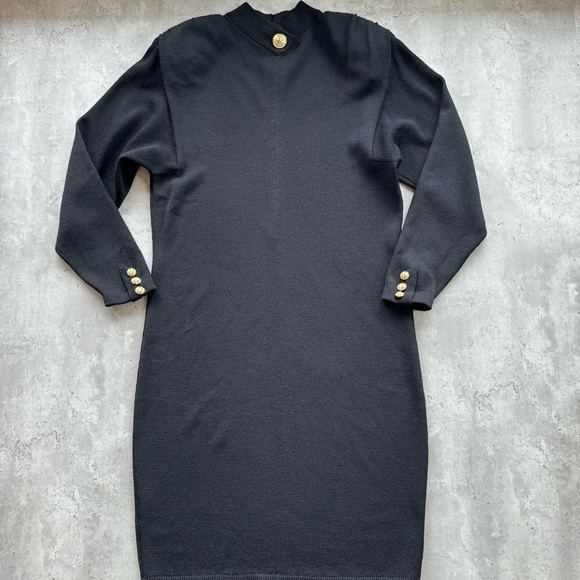St. John For Saks Fifth Avenue Vintage 80s Knit Mock Neck Black Dress Medium - Picture 1 of 12